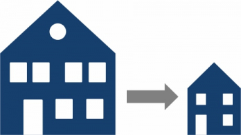 Piktogramm: Ein großes Haus auf der linken Seite, rechts daneben ein Pfeil nach rechts, und daneben ein deutlich kleineres Haus