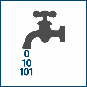 Piktogramm eines Wasserhahns, aus dem Nullen und Einsen "tropfen"