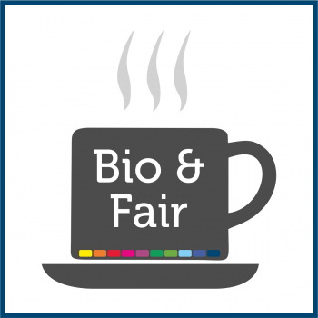 Piktogramm Kaffeetasse mit dem Text "Bio & Fair"