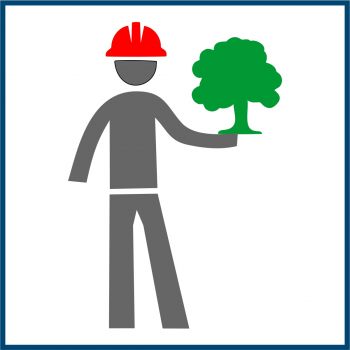 Piktogramm eines Bauarbeiters mit einem Baum auf der Hand