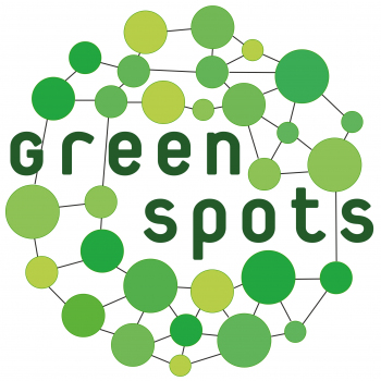 Piktogramm eines Netzwerks aus runden grünen Punkten in unterschiedlichen Grüntönen, darin der Text "green spots"