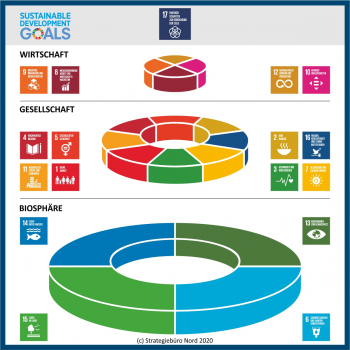 Piktogramm der 17 SDGs in Kreisform, mit zusätzlichen Erläuterungen