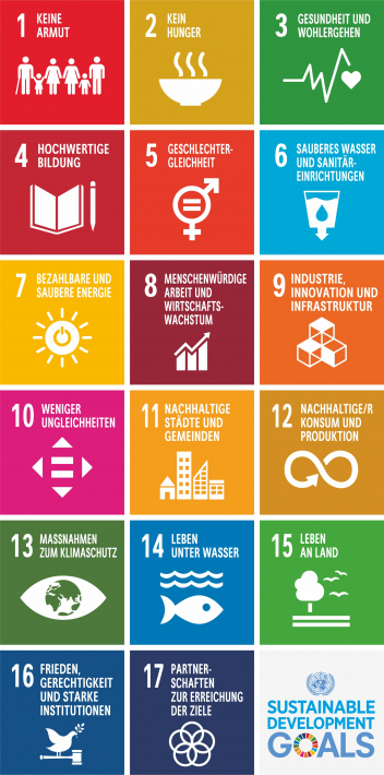 Piktogramm der 17 SDGs (als Kacheln in den unterschiedlichen Farben