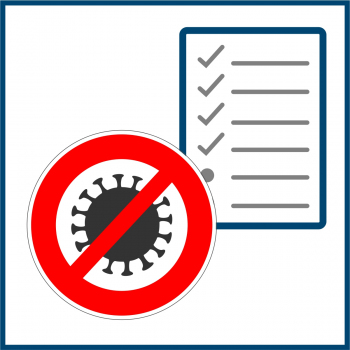 Piktogramm eines Virus mit einer Checkliste im Hintergrund