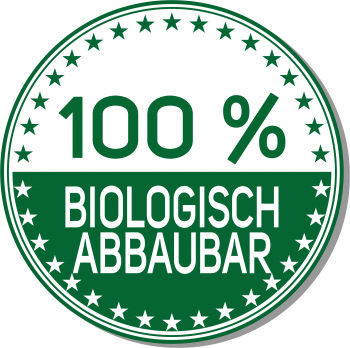 Piktogramm eines runden Siegels mit de Text "100 % biologisch abbaubar"