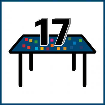 Piktogramm einesTisches mit 17 Vierecken in den Farben der SDGs und dem großen Text "17"